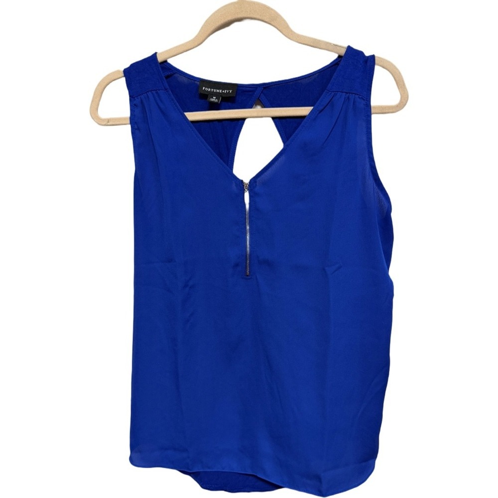 Fortune + Ivy Sleeveless Zip Front Blouse Women's Medium Blue Keyhole Back